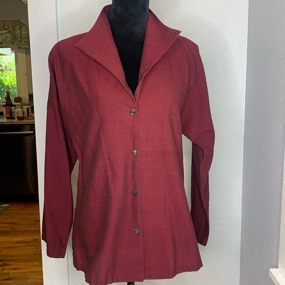 Meng Design red button up Lagen look shirt top 100% cotton size Medium